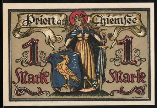 Notgeld Prien am Chiemsee, 1920, 1 Mark, mit Frau und Wappen, Gemeinderat Gutschein über 1 Mark