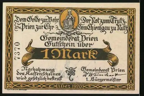 Notgeld Prien am Chiemsee, 1920, 1 Mark, mit Frau und Wappen, Gemeinderat Gutschein über 1 Mark