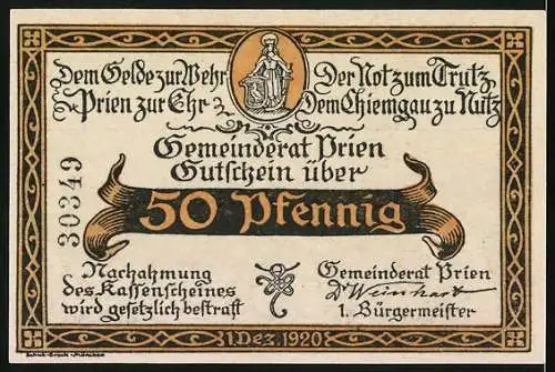 Notgeld Prien am Chiemsee, 1920, 50 Pfennig, Fraueninsel und Gemeinderatsschein