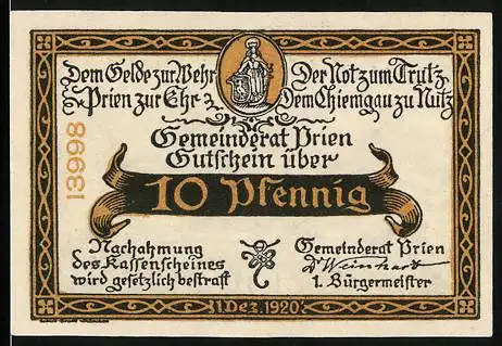 Notgeld Prien, 1920, 10 Pfennig, Prien am Chiemsee, Landschaft und Dorfansicht