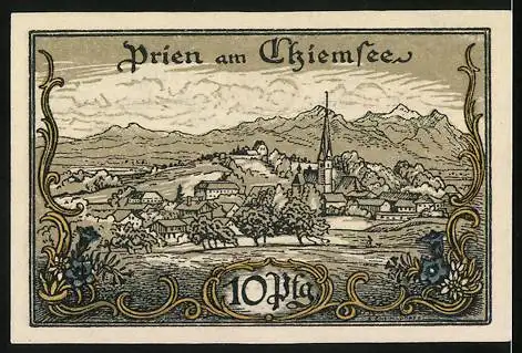 Notgeld Prien, 1920, 10 Pfennig, Prien am Chiemsee, Landschaft und Dorfansicht