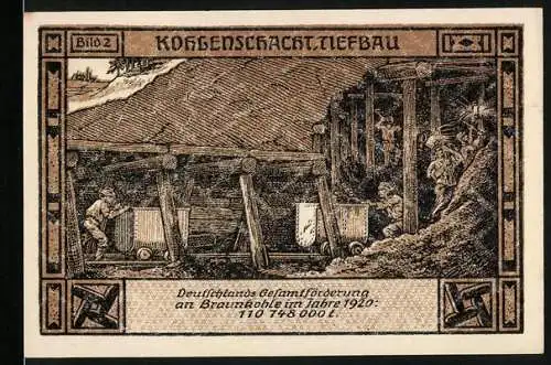 Notgeld Bitterfeld, 1921, 50 Pf, Gutscheinschein der Stadt mit Bergbauszene und Frauenfigur