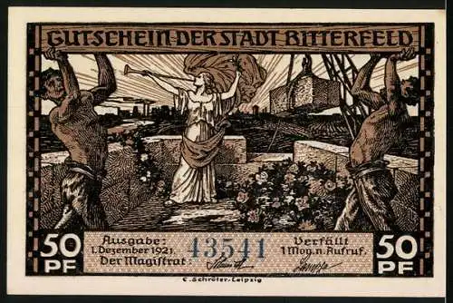 Notgeld Bitterfeld, 1921, 50 Pf, Gutscheinschein der Stadt mit Bergbauszene und Frauenfigur