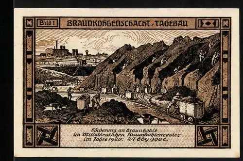 Notgeld Bitterfeld 1921, 50 Pfennig, Braunkohlenschacht Tagebau und Stadtansicht mit Figur und Arbeitern