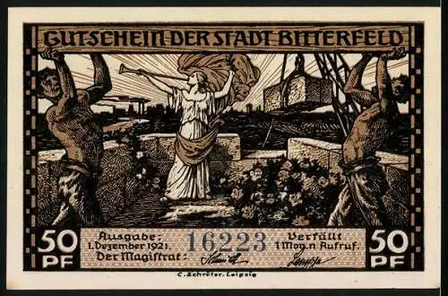 Notgeld Bitterfeld 1921, 50 Pfennig, Braunkohlenschacht Tagebau und Stadtansicht mit Figur und Arbeitern