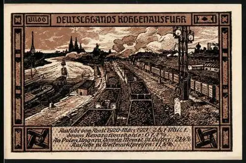Notgeld Bitterfeld, 1921, 50 Pf, Deutschlands Kohleausfuhr und Frau mit Fackel und zwei Arbeitern