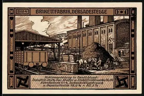 Notgeld Bitterfeld, 1921, 50 Pfennig, Brikettfabrik und allegorische Figur mit Fackel in einer industriellen Landschaft