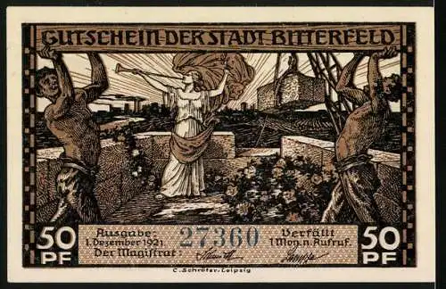 Notgeld Bitterfeld, 1921, 50 Pfennig, Brikettfabrik und allegorische Figur mit Fackel in einer industriellen Landschaft