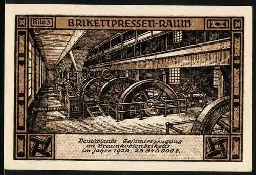 Notgeld Bitterfeld 1921, 50 Pfennig, Briketpressen-Raum und Stadtmotiv