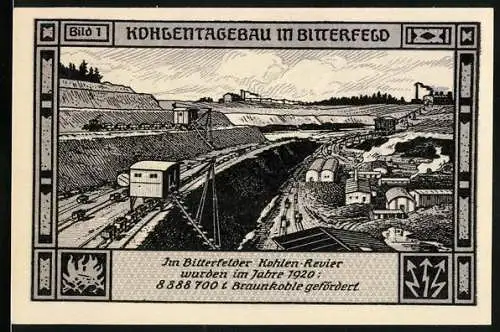 Notgeld Bitterfeld, 1921, 75 Pf, Kohlenabbau und industrielle Szene mit Arbeitern, Frauenakt