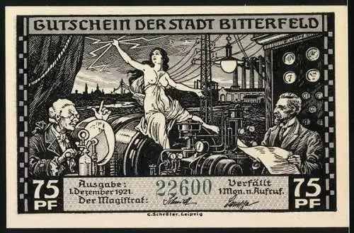 Notgeld Bitterfeld, 1921, 75 Pf, Kohlenabbau und industrielle Szene mit Arbeitern, Frauenakt