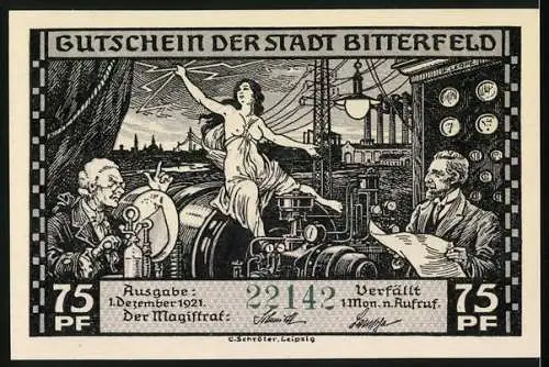 Notgeld Bitterfeld 1921, 75 Pfennig, Gutschein der Stadt Bitterfeld, Aluminiumproduktion und industrielle Szene, Akt