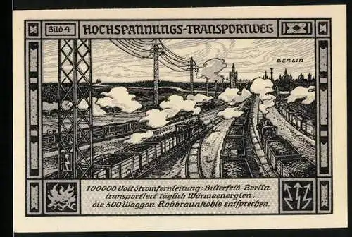 Notgeld Bitterfeld, 1921, 75 Pfennig, Hochspannungs-Transportweg und Arbeitsdarstellung mit Elektrizität