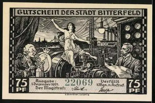 Notgeld Bitterfeld, 1921, 75 Pfennig, Hochspannungs-Transportweg und Arbeitsdarstellung mit Elektrizität