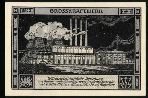 Notgeld Bitterfeld 1921, 75 Pfennig, Grosskraftwerk mit Dampfkesseln und Stadtansicht, Frauenakt