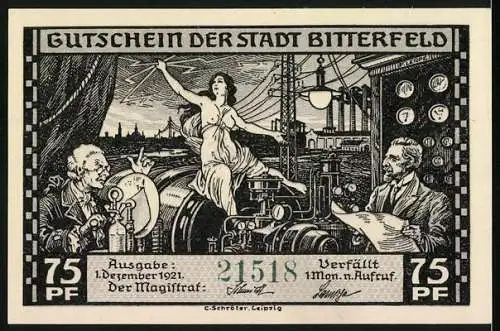 Notgeld Bitterfeld 1921, 75 Pfennig, Grosskraftwerk mit Dampfkesseln und Stadtansicht, Frauenakt