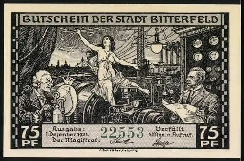 Notgeld Bitterfeld, 1921, 75 Pf, Darstellung der Stromerzeugung im Bitterfelder Revier, Frauenakt