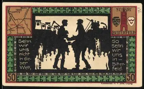 Notgeld Bitterfeld, 1921, 50 Pfennig, Stadtansichten und Schachtarbeiter mit Spruch