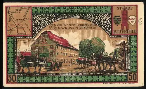 Notgeld Bitterfeld, 1921, 50 Pfennig, Stadtansichten und Pferdekarren-Szene