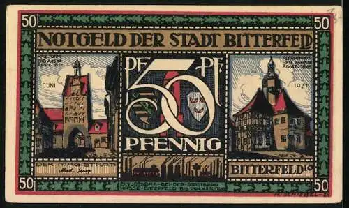 Notgeld Bitterfeld, 1921, 50 Pfennig, Stadtansichten und Pferdekarren-Szene