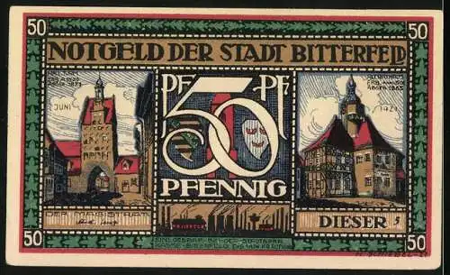 Notgeld Bitterfeld, 1921, 50 Pfennig, Stadtansichten und Wegweiser mit Fahrrädern, grün-schwarzer Rahmen