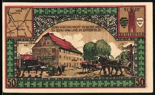 Notgeld Bitterfeld, 1921, 50 Pfennig, mit Pferdekutschen und historischen Gebäuden, Karte von Bitterfeld, Stadtwappen