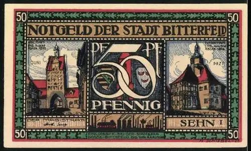 Notgeld Bitterfeld, 1921, 50 Pfennig, mit Pferdekutschen und historischen Gebäuden, Karte von Bitterfeld, Stadtwappen