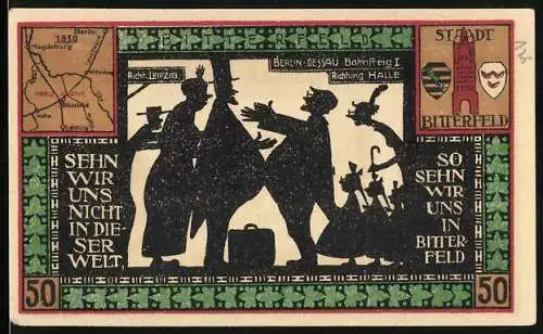 Notgeld Bitterfeld 1921, 50 Pfennig, Stadtansichten und humorvolle Silhouettenillustration