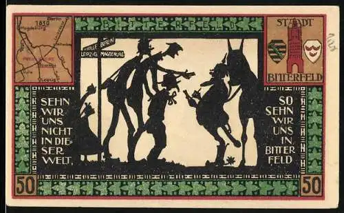 Notgeld Bitterfeld 1921, 50 Pfennig, Silhouettenbild mit Spruch und Stadtansichten