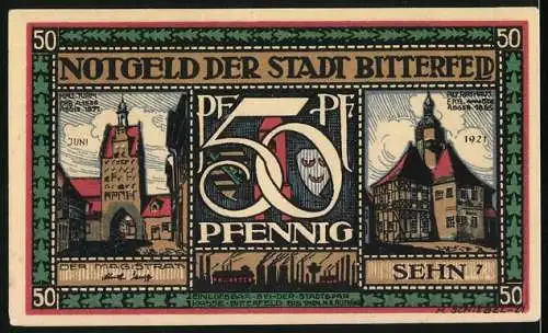 Notgeld Bitterfeld 1921, 50 Pfennig, Silhouettenbild mit Spruch und Stadtansichten