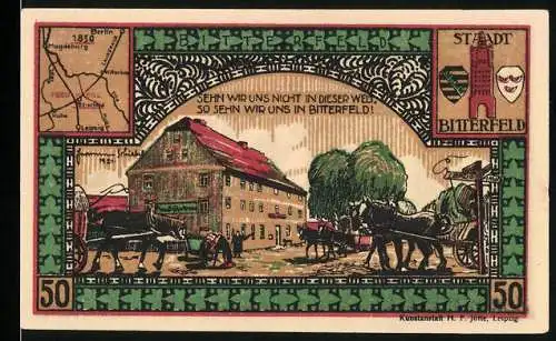 Notgeld Bitterfeld, 1921, 50 Pfennig, Stadtansichten mit Pferdekutschen und historischen Gebäuden