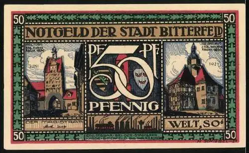 Notgeld Bitterfeld, 1921, 50 Pfennig, Stadtansichten mit Pferdekutschen und historischen Gebäuden