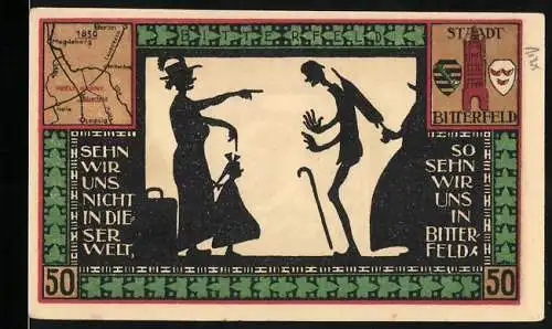 Notgeld Bitterfeld, 1921, 50 Pfennig, Silhouetten und Stadtansichten, Karte und Schriftzug