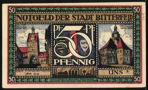 Notgeld Bitterfeld, 1921, 50 Pfennig, Silhouetten und Stadtansichten, Karte und Schriftzug