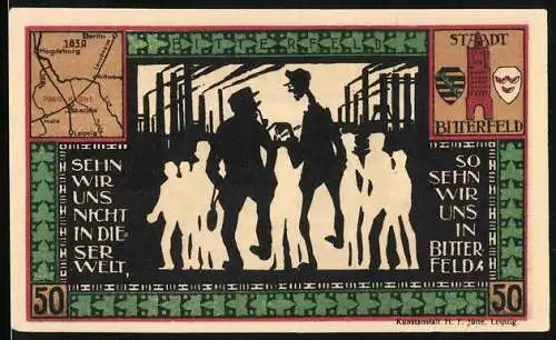 Notgeld Bitterfeld, 1921, 50 Pfennig, Stadtansichten und Silhouetten von Arbeitern
