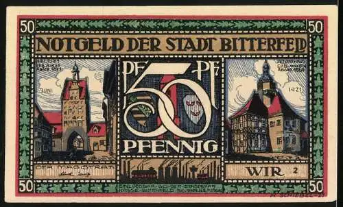 Notgeld Bitterfeld, 1921, 50 Pfennig, Stadtansichten und Silhouetten von Arbeitern