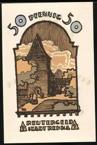 Notgeld Rehna, 1922, 50 Pfennig, Stadtansicht mit Turm und plattdeutscher Inschrift