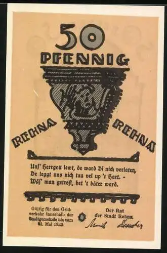 Notgeld Rehna, 1922, 50 Pfennig, Stadtansicht mit Turm und plattdeutscher Inschrift