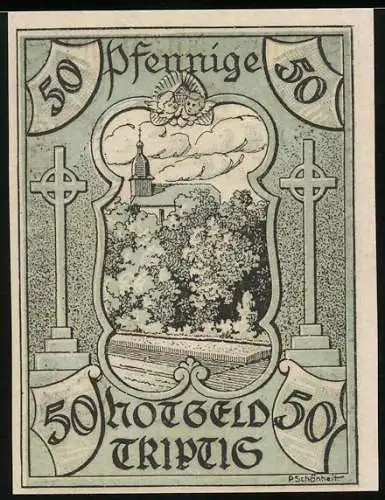 Notgeld Triptis, 1921, 50 Pfennig, Kirche und Stadtwappen mit zwei Figuren