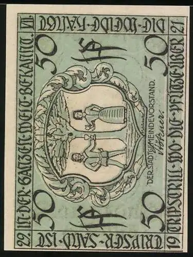 Notgeld Triptis, 1921, 50 Pfennig, Kirche und Stadtwappen mit zwei Figuren