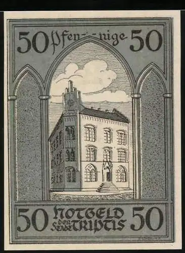 Notgeld Triptis, 1921, 50 Pfennig, Rathaus und Wappen mit zwei Figuren