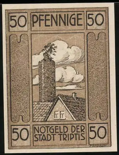 Notgeld Triptis, 50 Pfennig, Stadtansicht mit Turm und Wappen, 1921
