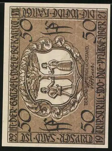 Notgeld Triptis, 50 Pfennig, Stadtansicht mit Turm und Wappen, 1921