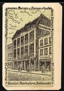 Notgeld Salzwedel, 1921, 50 Pfennig, Gustav Ramelow Kaufhaus, Vorderseite Gebäude, Rückseite Gutschein Nummer 025111