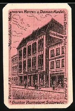 Notgeld Salzwedel, 1921, 5 Pfennig, Gustav Ramelow Kaufhaus auf Vorderseite, Gutschein auf Rückseite