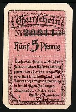 Notgeld Salzwedel, 1921, 5 Pfennig, Gustav Ramelow Kaufhaus auf Vorderseite, Gutschein auf Rückseite