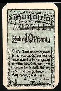 Notgeld Salzwedel, 1921, 10 Pfennig, Gutschein Nr. 07711, Gustav Ramelow Modehaus