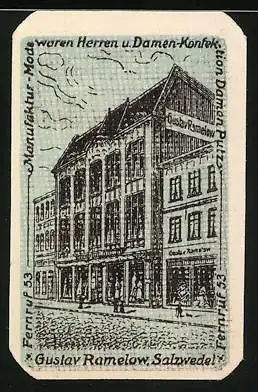 Notgeld Salzwedel, 1921, 10 Pfennig, Gutschein Nr. 07711, Gustav Ramelow Modehaus