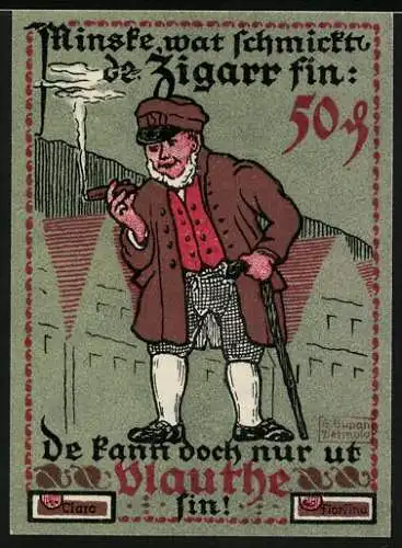 Notgeld Vlotho 1921, 50 Pfennig, Illustration eines rauchenden Mannes und Text auf beiden Seiten