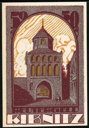 Notgeld Ribnitz, 1922, 50 Pfennig, Stadttor und Mann mit Schaf